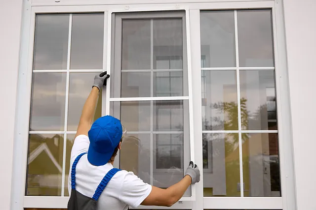 Fensterbauer bei der Montage eines weißen Kunststofffensters mit Insektenschutzrahmen in Gnoien